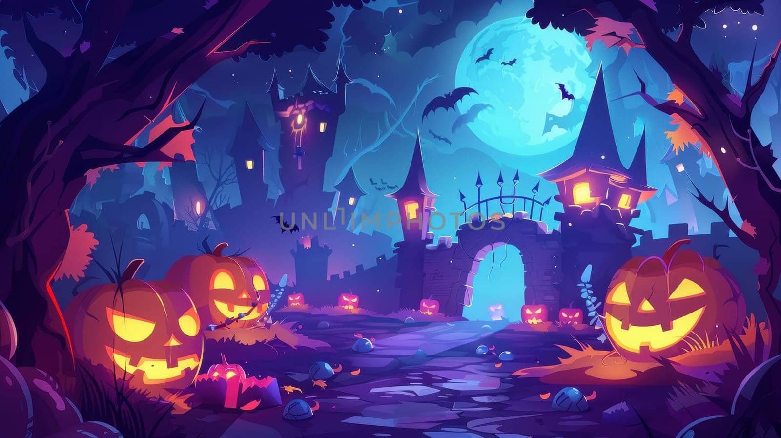 Spooky Halloween Pumpkin Path in Enchanted Forest, Haunted Woodland Scenery with Glowing Jack o Lanterns, Twisted Trees and Witches Cottage