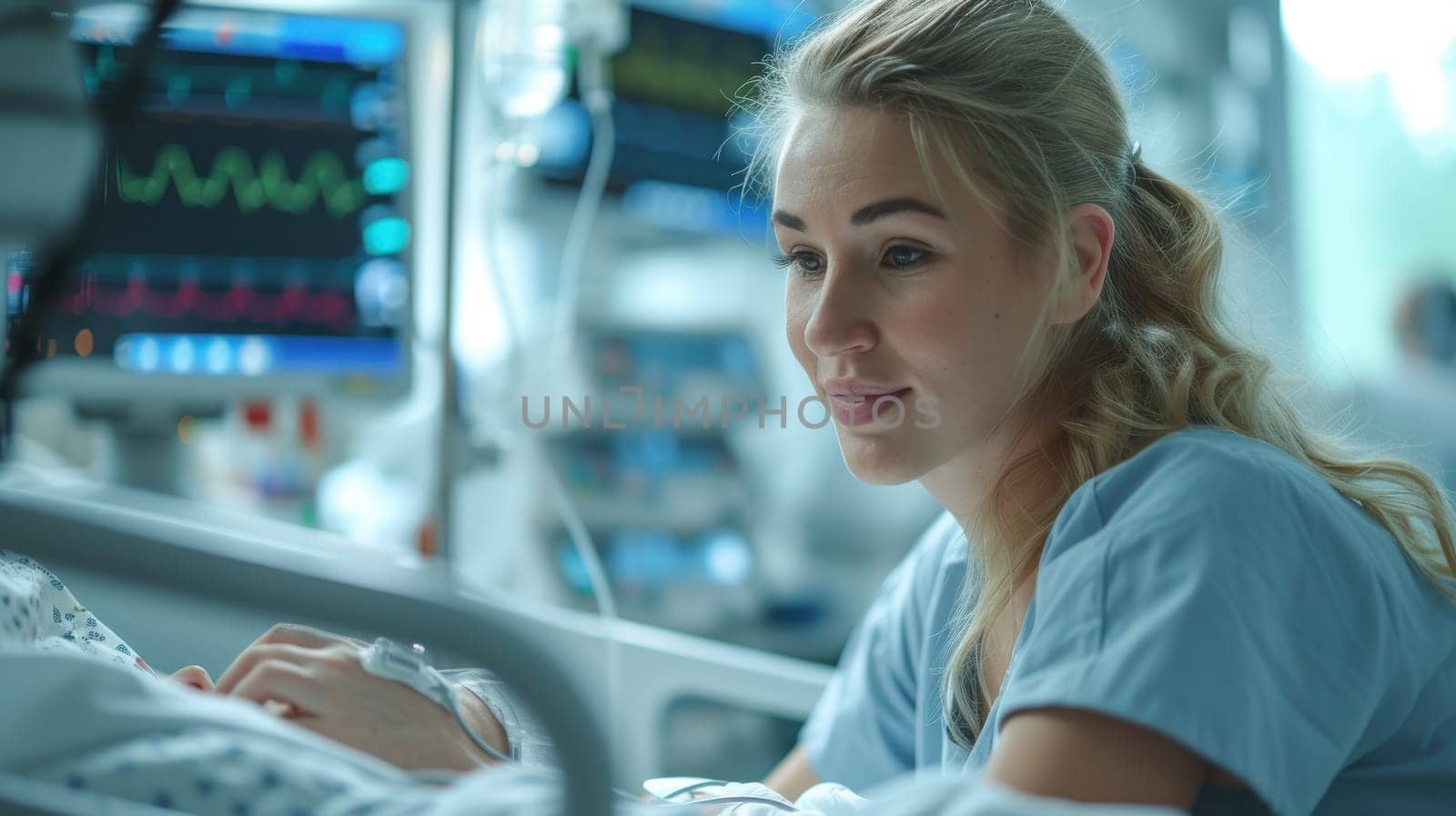 Female healthcare professional monitoring medical equipment, analyzing patient data in hospital setting. Concept of dedicated medical care, technology in healthcare, vital signs monitoring