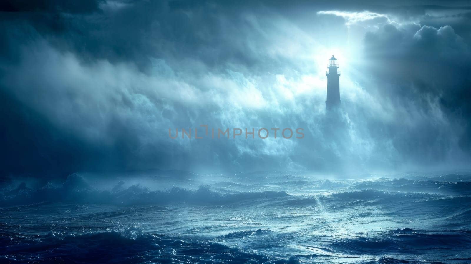 Lighthouse beacon piercing through ominous stormy sea fog, guiding ships in turbulent ocean waves under dramatic cloudy sky. Concept of safety, guidance, hope and perseverance
