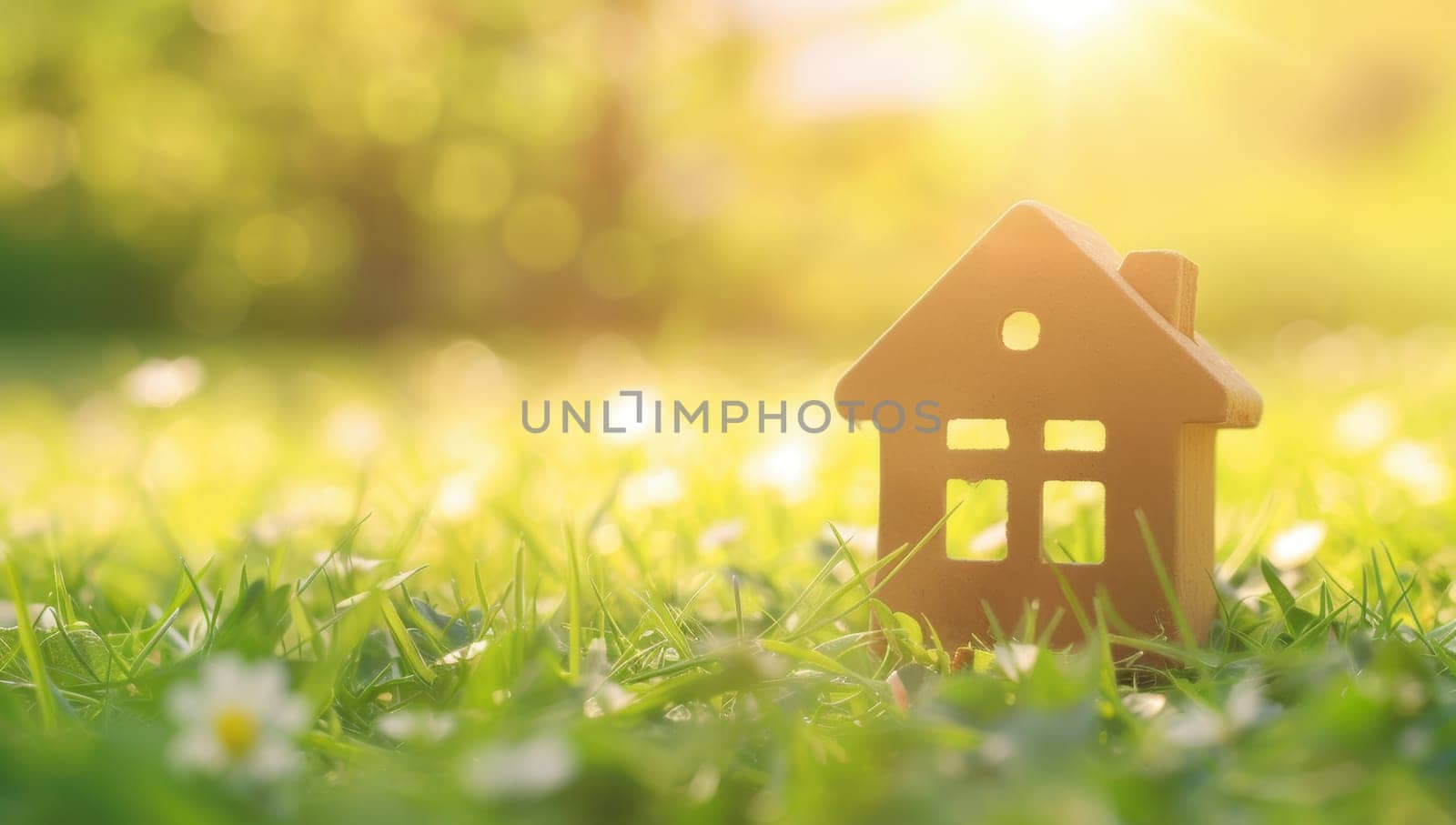 Wooden house model in blooming flower meadow, spring nature concept of eco home, real estate dream, sustainable living