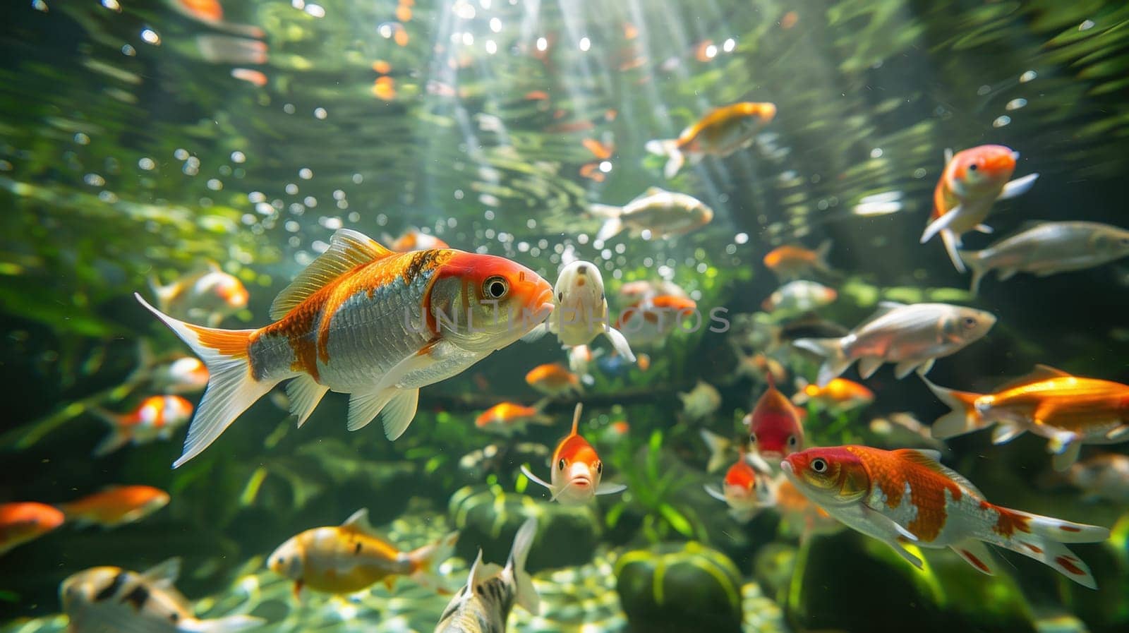 Vibrant aquarium scene with colorful goldfish swimming among lush greenery, creating an underwater paradise of life and tranquility