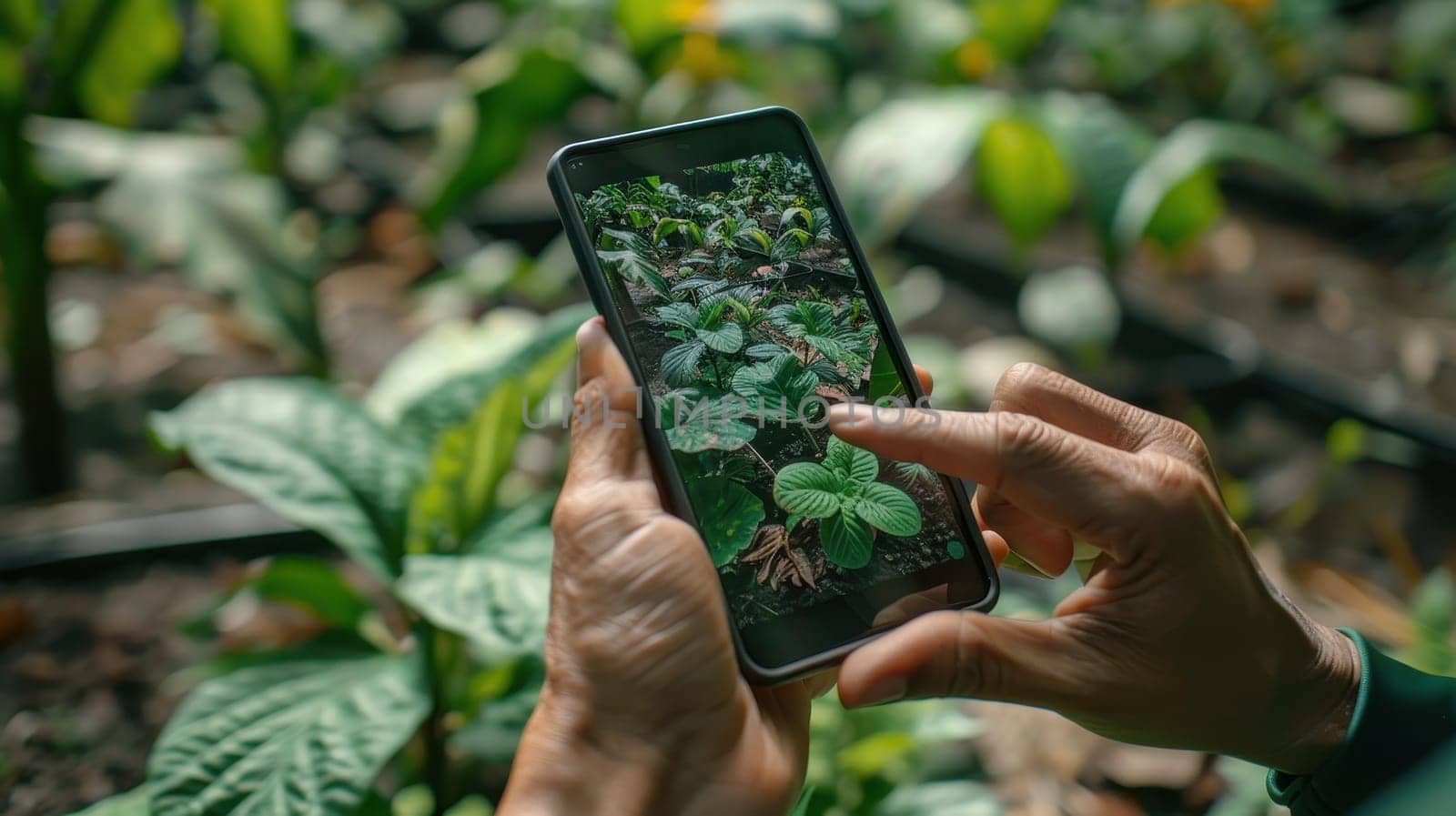 Close up of female hands holding smartphone and taking photo of strawberry plants in greenhouse