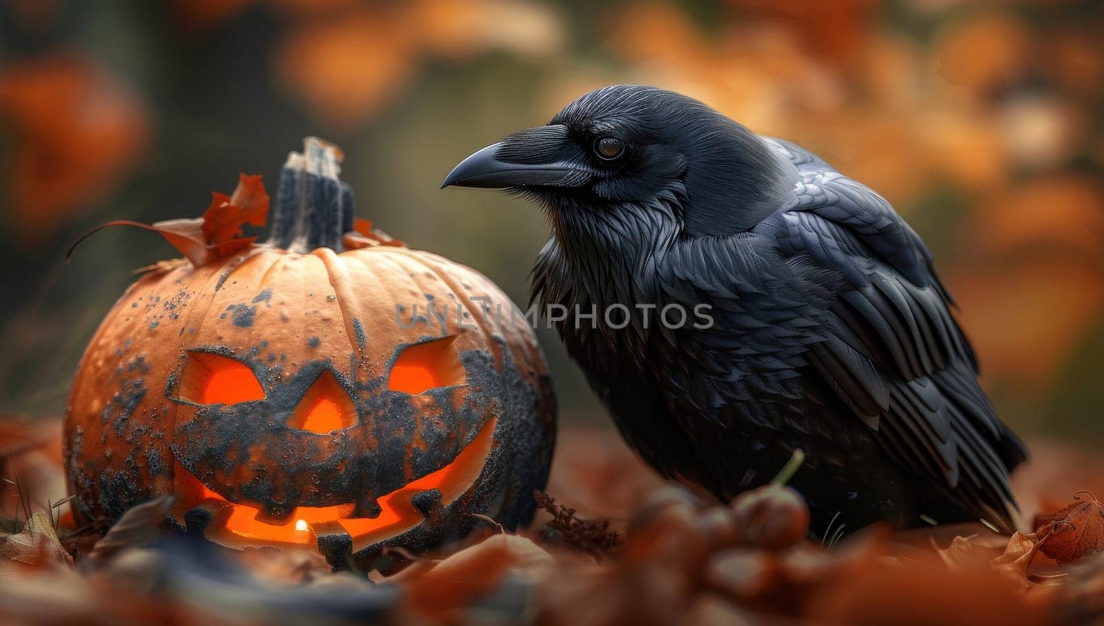Black crow perched near carved Halloween pumpkin in autumn foliage. Spooky, dark, eerie scene representing Halloween holiday