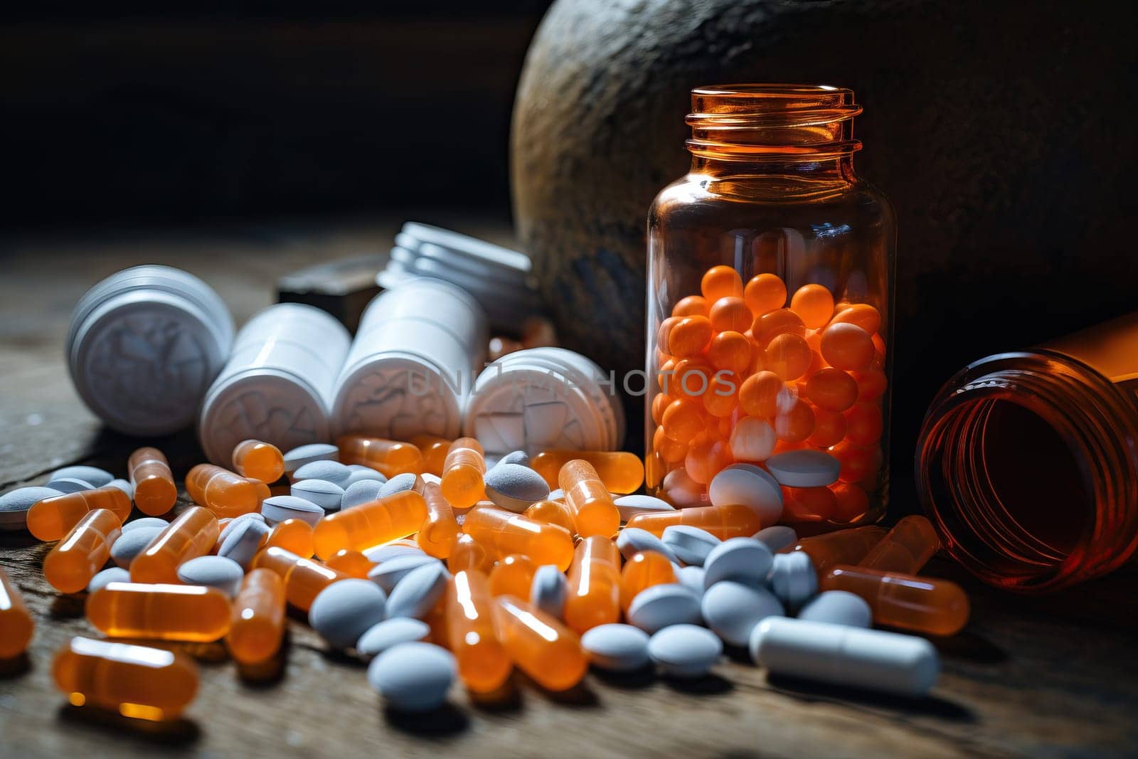 Prescription drug abuse and medication addiction concept with scattered pills and bottles on dark background, highlighting the dangers of opioid crisis and substance misuse