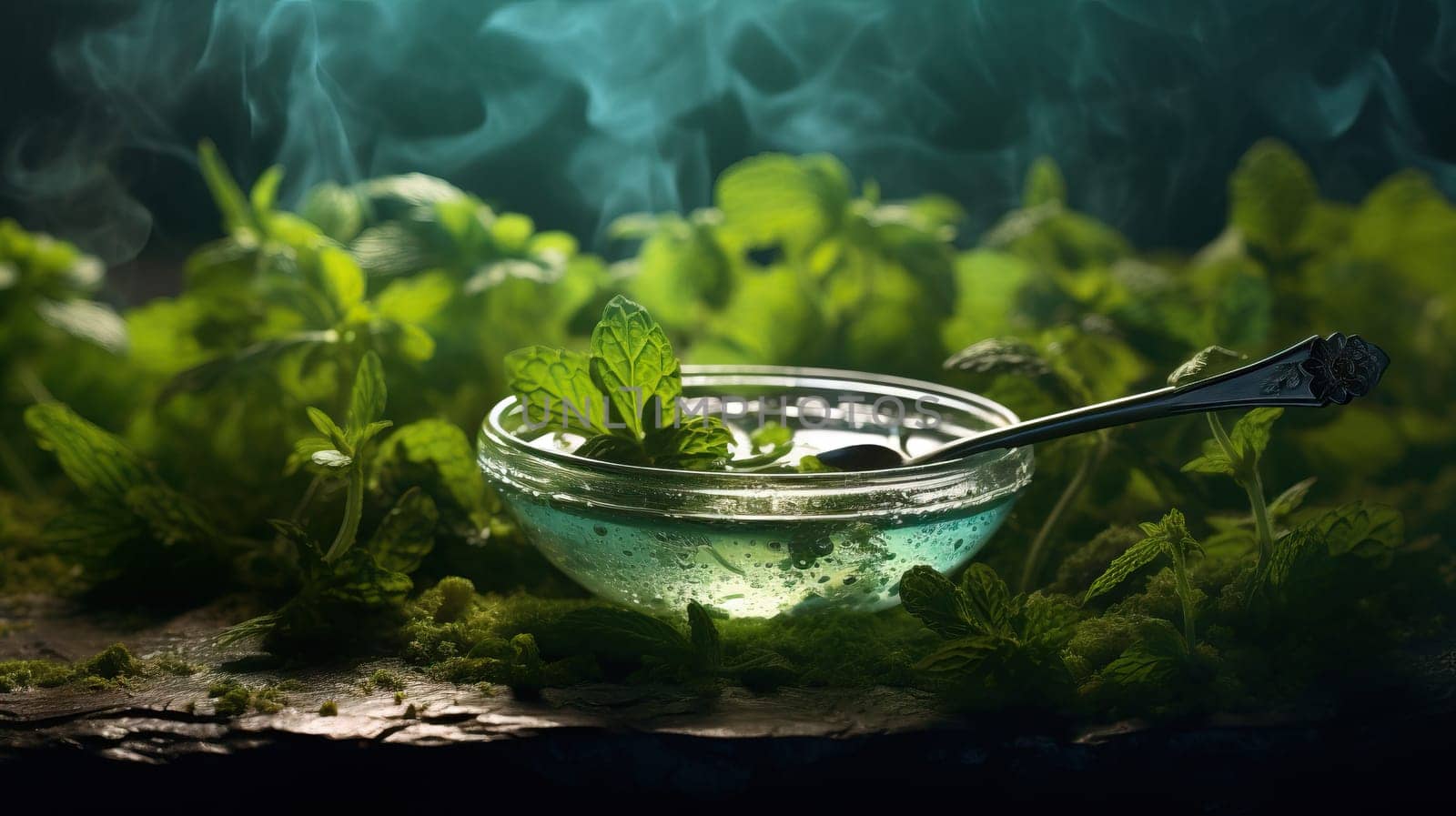 Underwater aquatic scene with planted aquarium bowl, vibrant green plants and smoky atmosphere. Concept of nature, tranquility and aquascaping