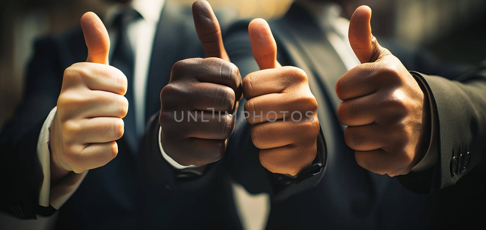 Thumbs up gesture of approval, positivity and success by business team. Concept of teamwork, unity and achievement
