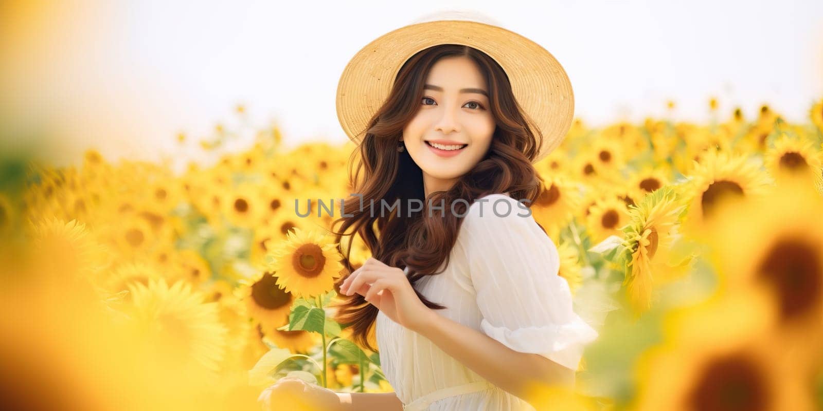 Smiling woman in sunflower field wearing sun hat, enjoying summer nature beauty and warmth. Concept of happiness, joy, freedom, and countryside lifestyle