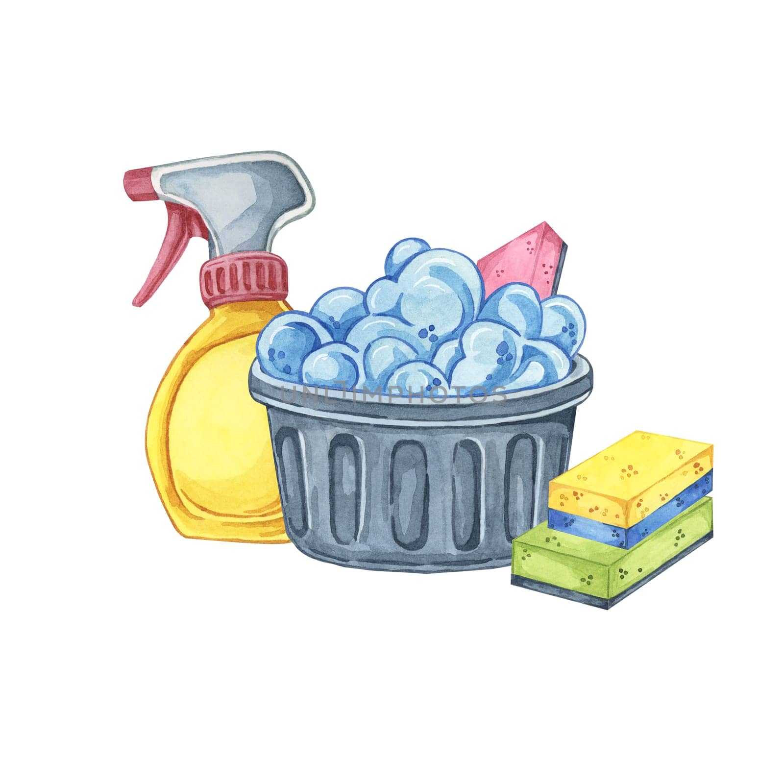 Black basket filled with foam and cleaning supplies. Watercolor cliparts of spray bottle, detergent, sponges for cleaning product labels, housekeeping service advertisements, DIY cleaning tutorials.