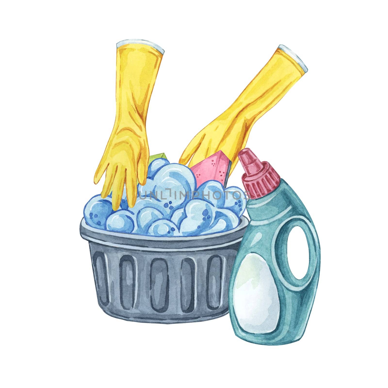 A black basket filled soap lather with cleaning supplies and pair of yellow gloves. Watercolor Clipart for illustrating articles on spring cleaning, housekeeping tips, and cleaning service promotions