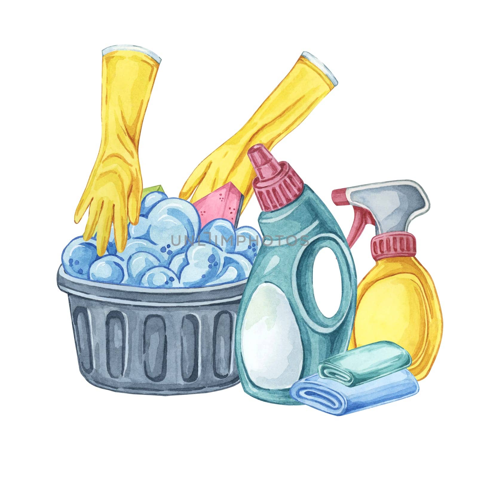 Black basket with soap lather, cleaning supplies, spray bottles, detergent, and gloves. Clipart for advertisements cleaning services, eco-friendly cleaning product campaigns, and housekeeping blogs