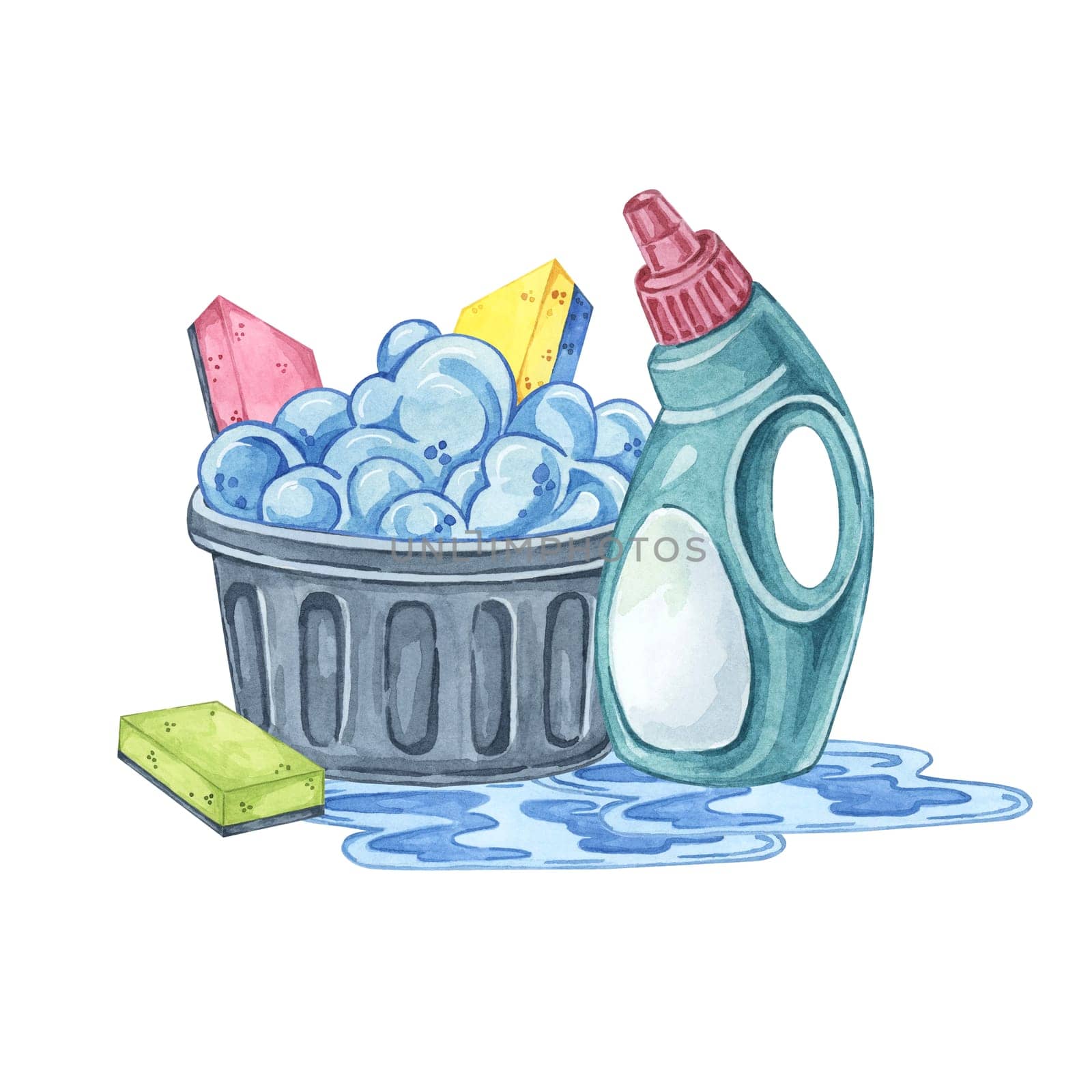 Black basket filled with foam and cleaning supplies. Watercolor cliparts of spray bottle, detergent, sponges for cleaning product labels, housekeeping service advertisements, DIY cleaning tutorials.