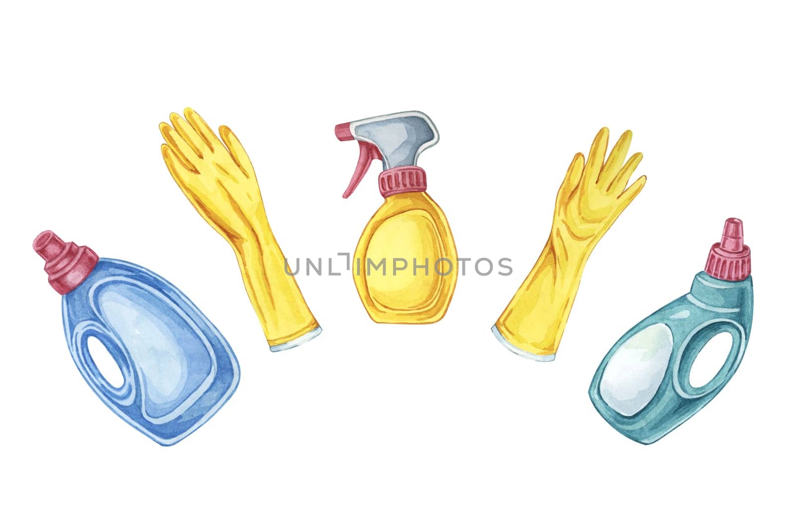 Various cleaning supplies including gloves, spray bottles, and detergent. Watercolor clipart to be used for product labels, cleaning service advertisements, and home cleaning checklists, housekeeping