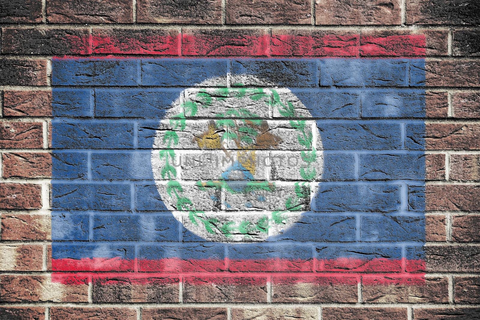 A Belize flag on a brick wall backgroundred blue stripes