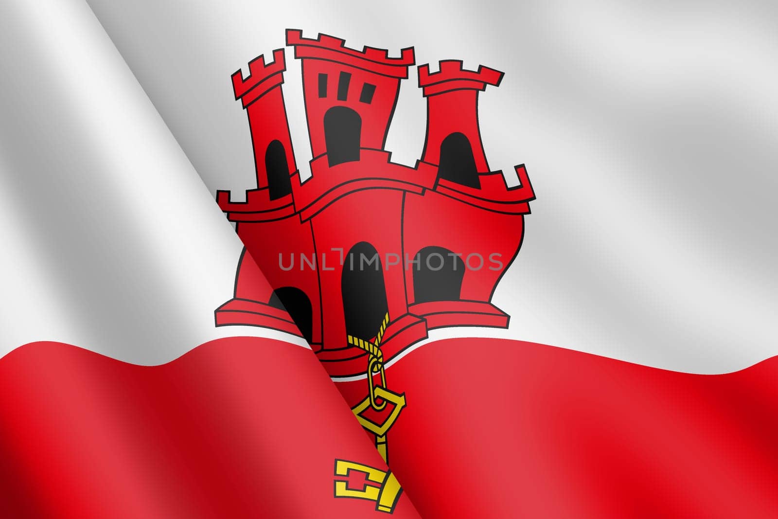A Gibraltar waving flag 3d illustration wind ripple red white castle