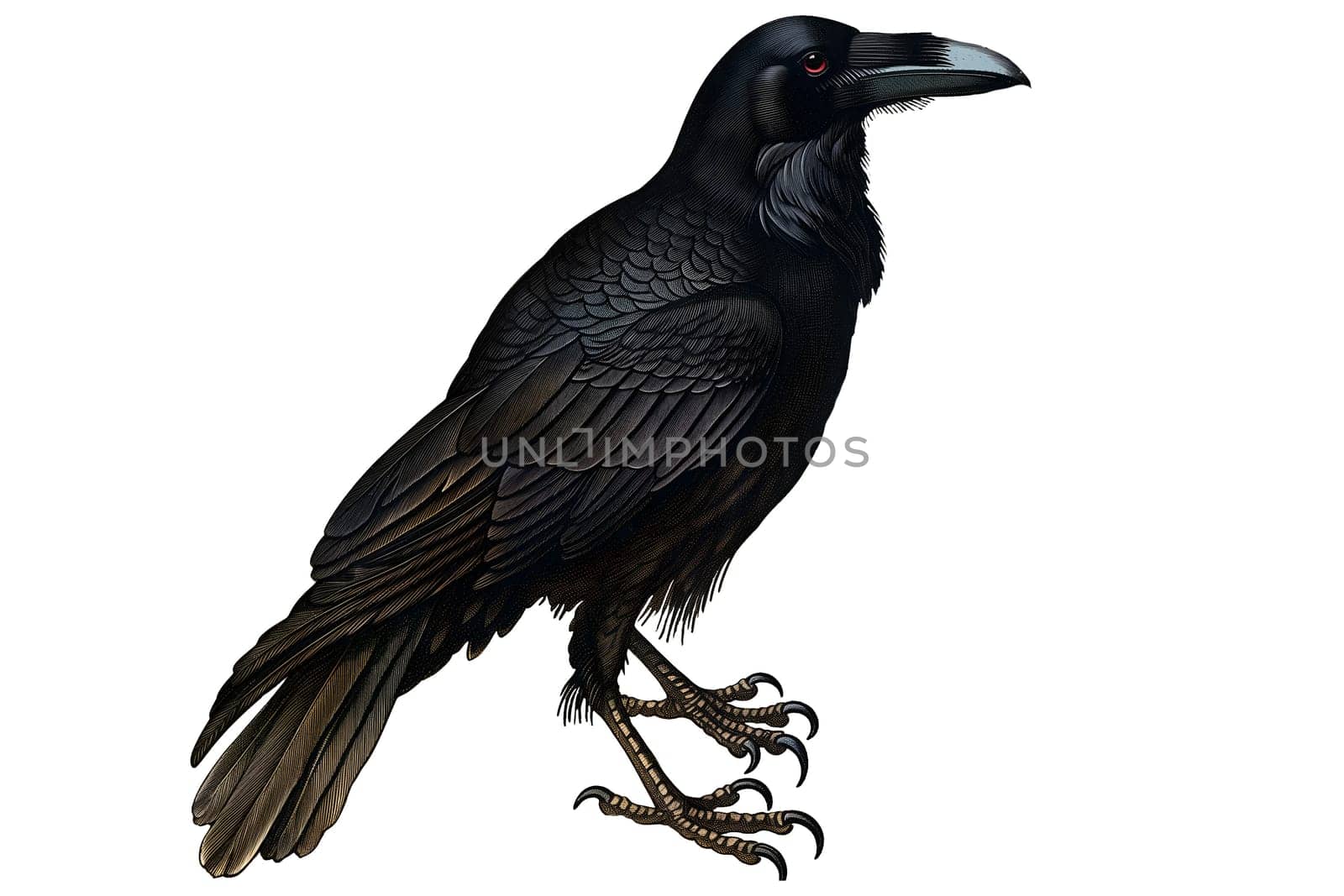 Vintage retro black and white painted illustration of a crow