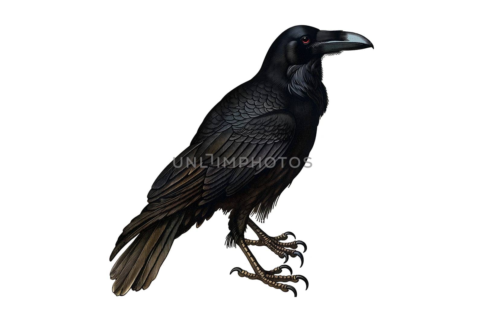 Vintage retro black and white painted illustration of a crow