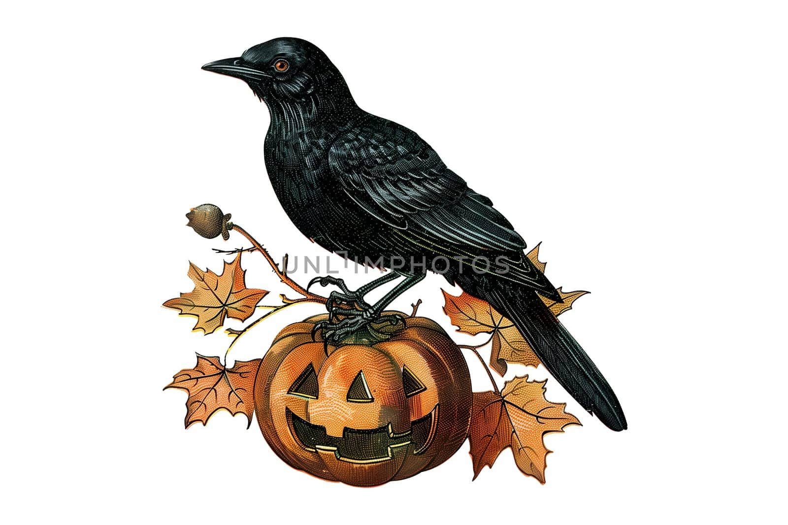 Vintage retro black and white painted illustration of a crow