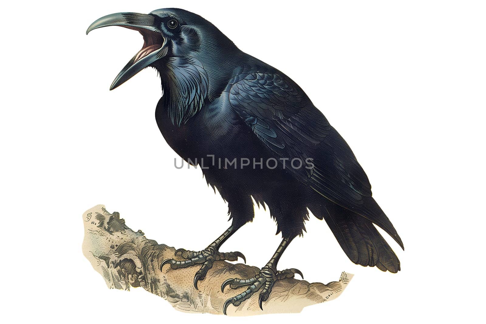 Vintage retro black and white painted illustration of a crow