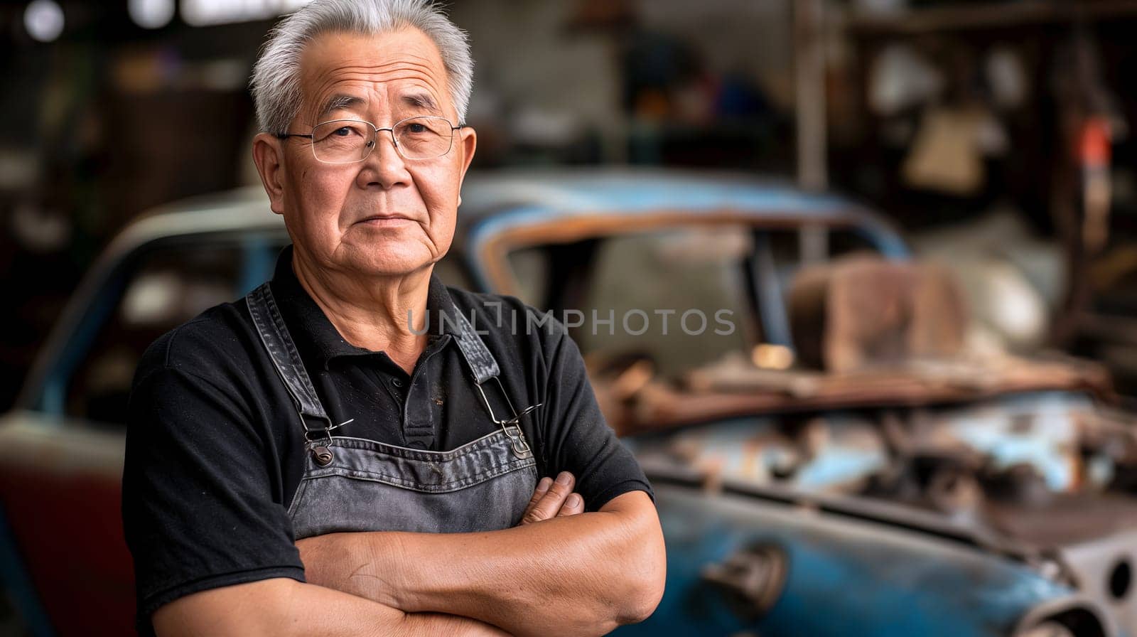 A senior mechanic asian man with arms crossed stands in a garage with an older car in the background - Generative AI