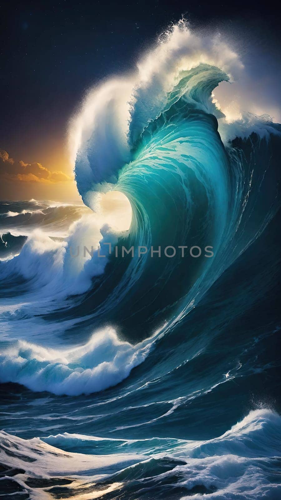 Night Wave.The power and beauty of the ocean at night. A large wave is breaking, with foam cascading down its face. The water is illuminated by moonlight, creating a dramatic scene.