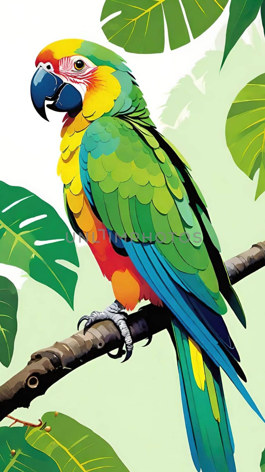 One of nature's vibrant beauties, the colorful parrot, dazzles in all its splendor perched on the tree branch