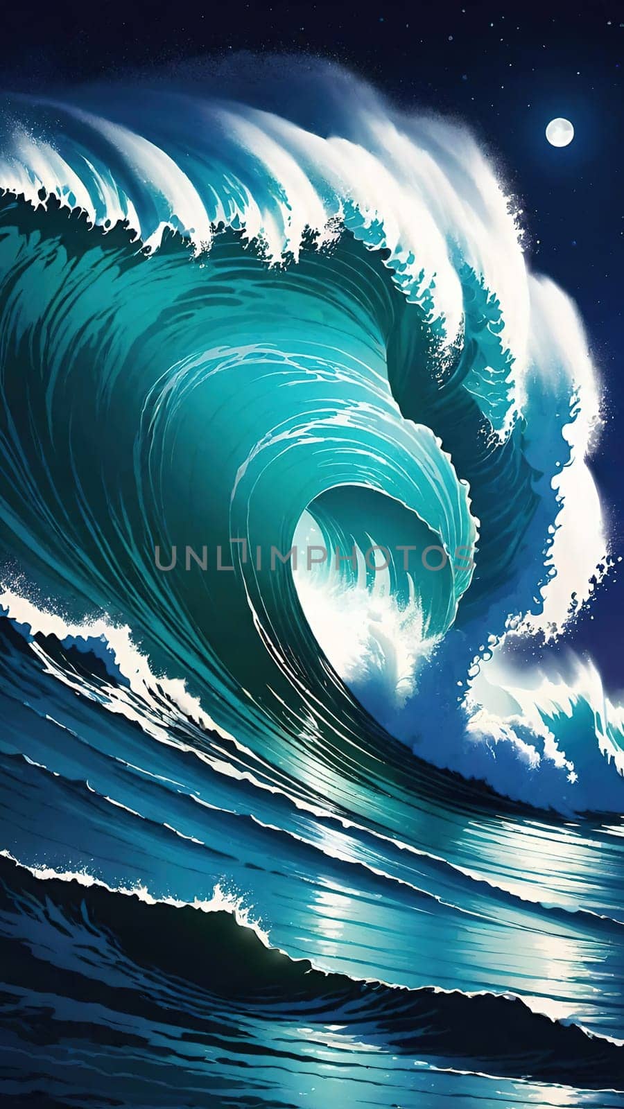 Night Wave.The power and beauty of the ocean at night. A large wave is breaking, with foam cascading down its face. The water is illuminated by moonlight, creating a dramatic scene.