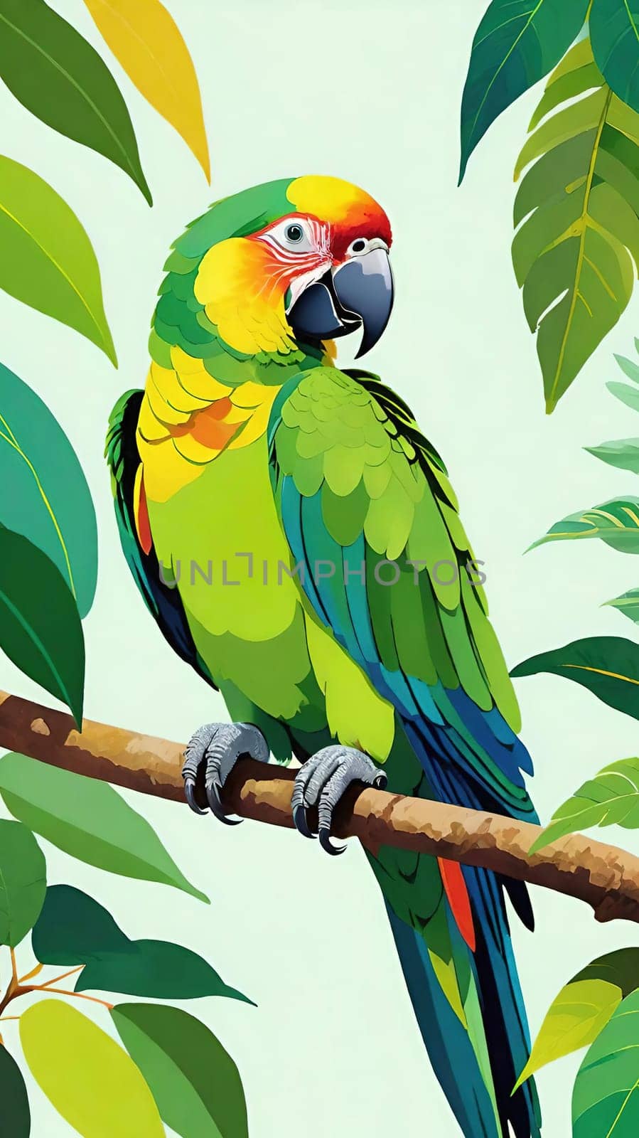 One of nature's vibrant beauties, the colorful parrot, dazzles in all its splendor perched on the tree branch