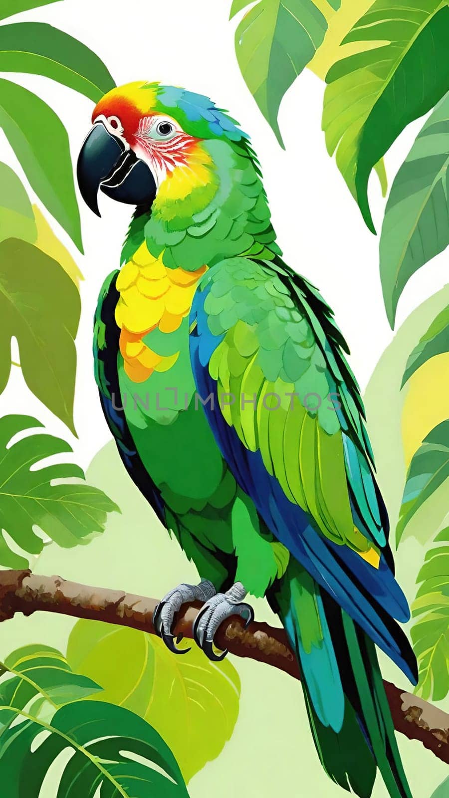 One of nature's vibrant beauties, the colorful parrot, dazzles in all its splendor perched on the tree branch
