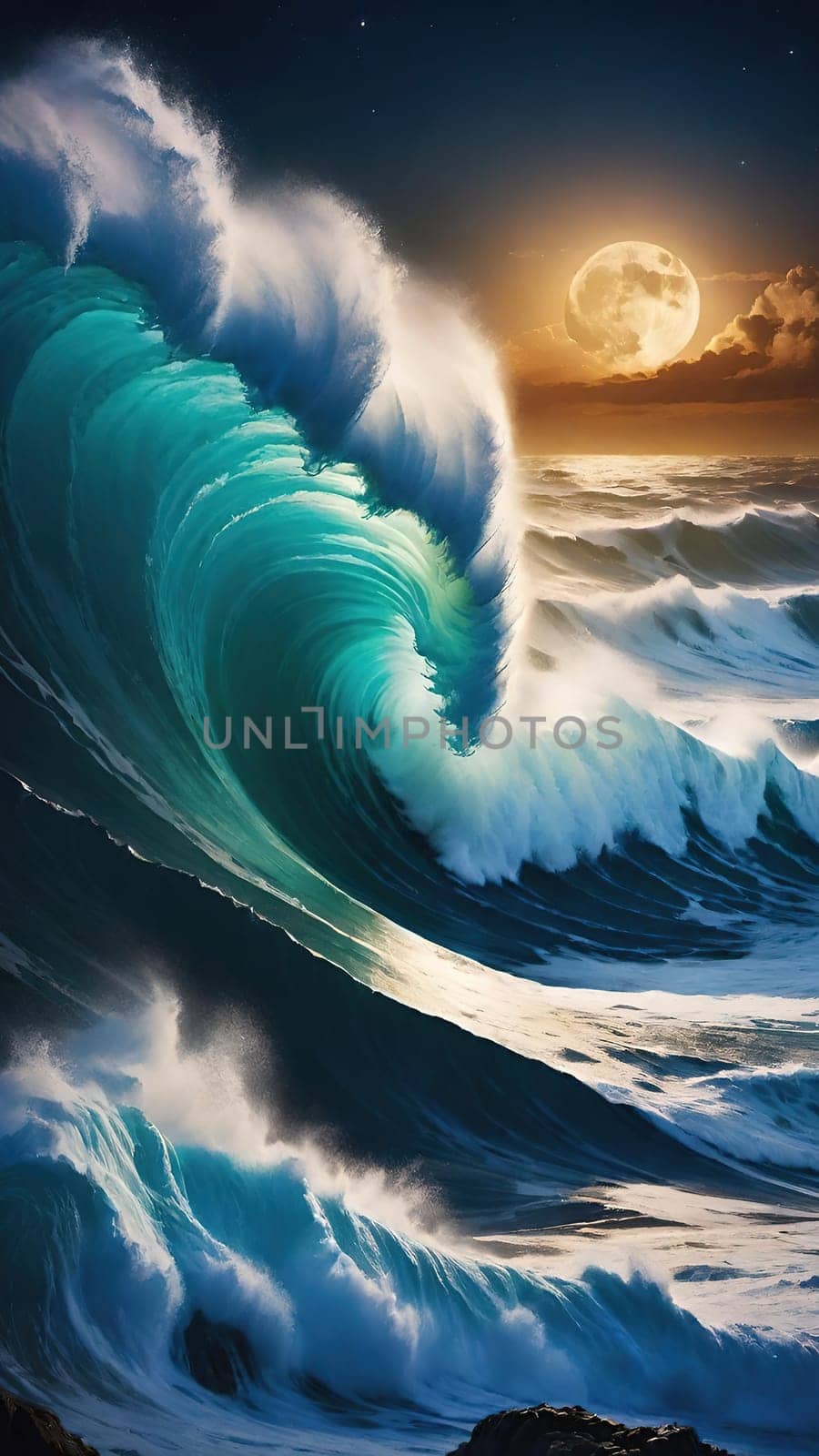 Night Wave.The power and beauty of the ocean at night. A large wave is breaking, with foam cascading down its face. The water is illuminated by moonlight, creating a dramatic scene.