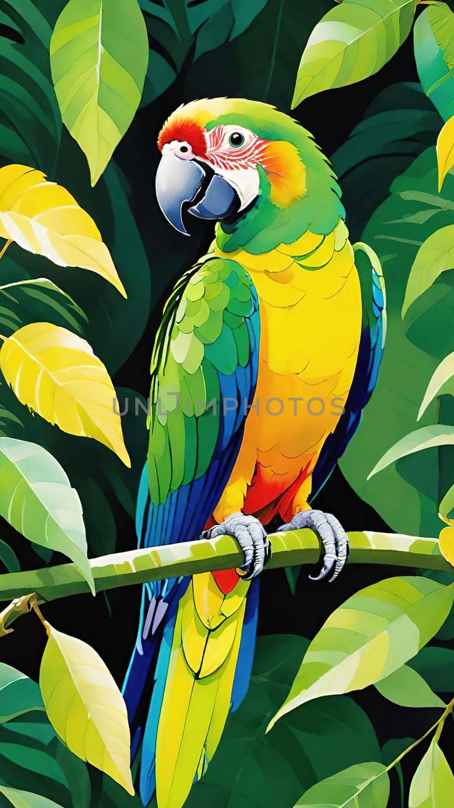 One of nature's vibrant beauties, the colorful parrot, dazzles in all its splendor perched on the tree branch
