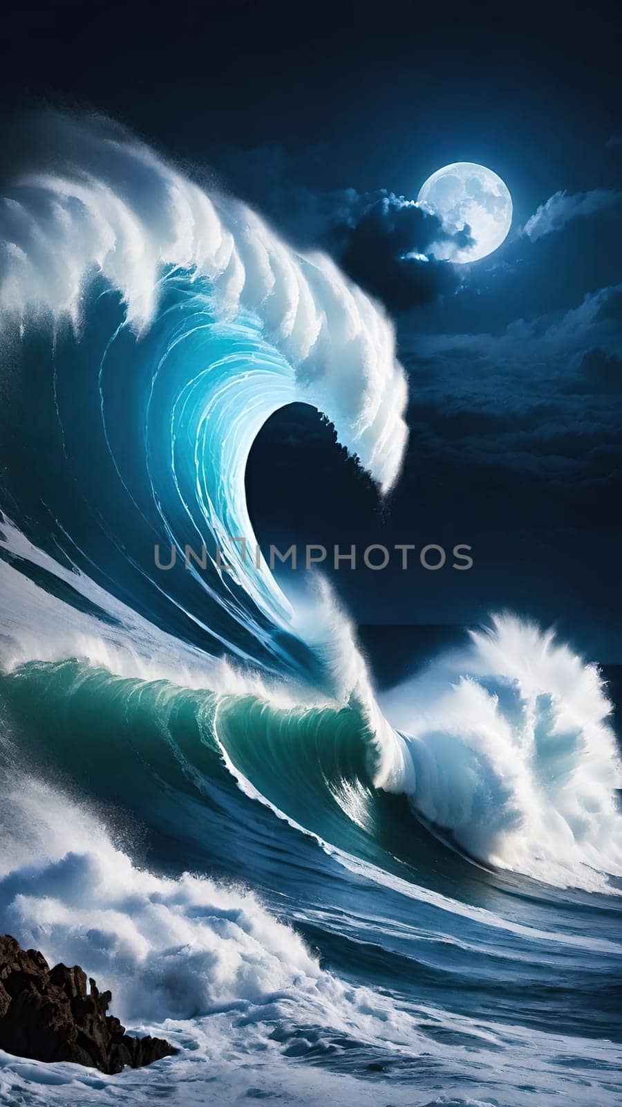 Night Wave.The power and beauty of the ocean at night. A large wave is breaking, with foam cascading down its face. The water is illuminated by moonlight, creating a dramatic scene.