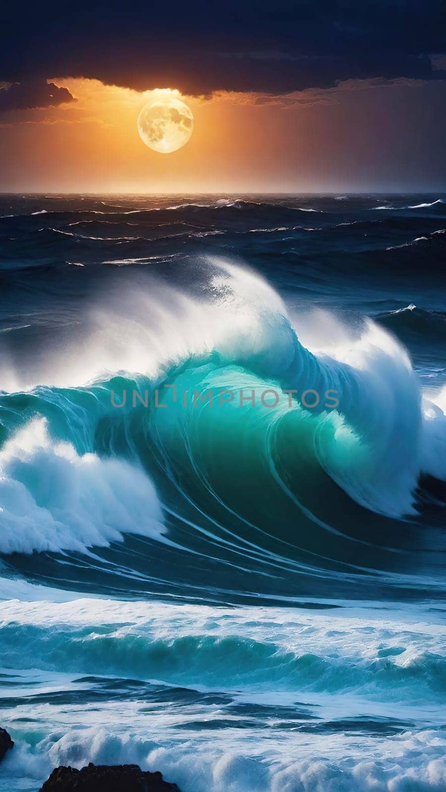Night Wave.The power and beauty of the ocean at night. A large wave is breaking, with foam cascading down its face. The water is illuminated by moonlight, creating a dramatic scene.