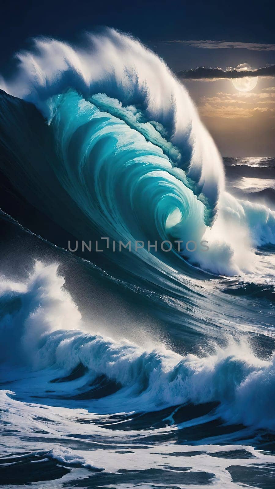 Night Wave.The power and beauty of the ocean at night. A large wave is breaking, with foam cascading down its face. The water is illuminated by moonlight, creating a dramatic scene.