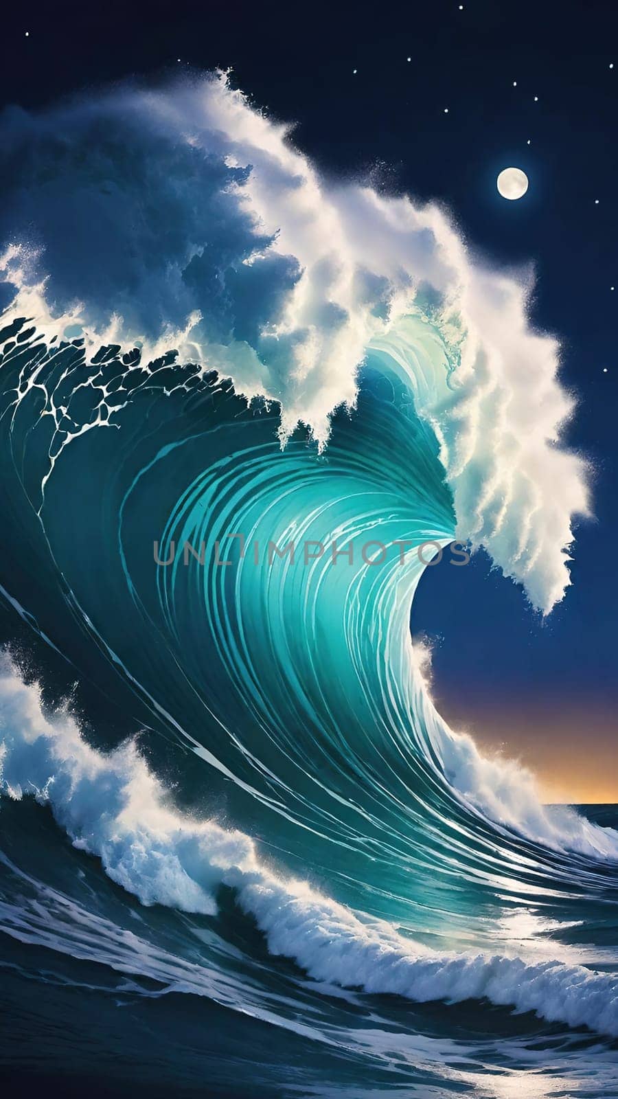 Night Wave.The power and beauty of the ocean at night. A large wave is breaking, with foam cascading down its face. The water is illuminated by moonlight, creating a dramatic scene.