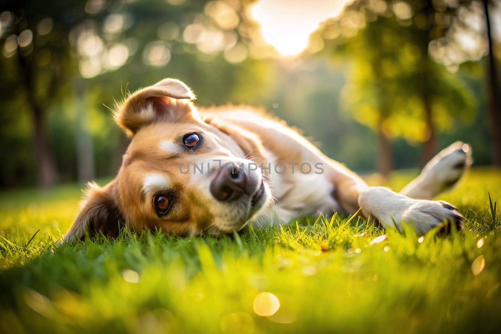 Dog rolling on the grass. shallow depth of field.