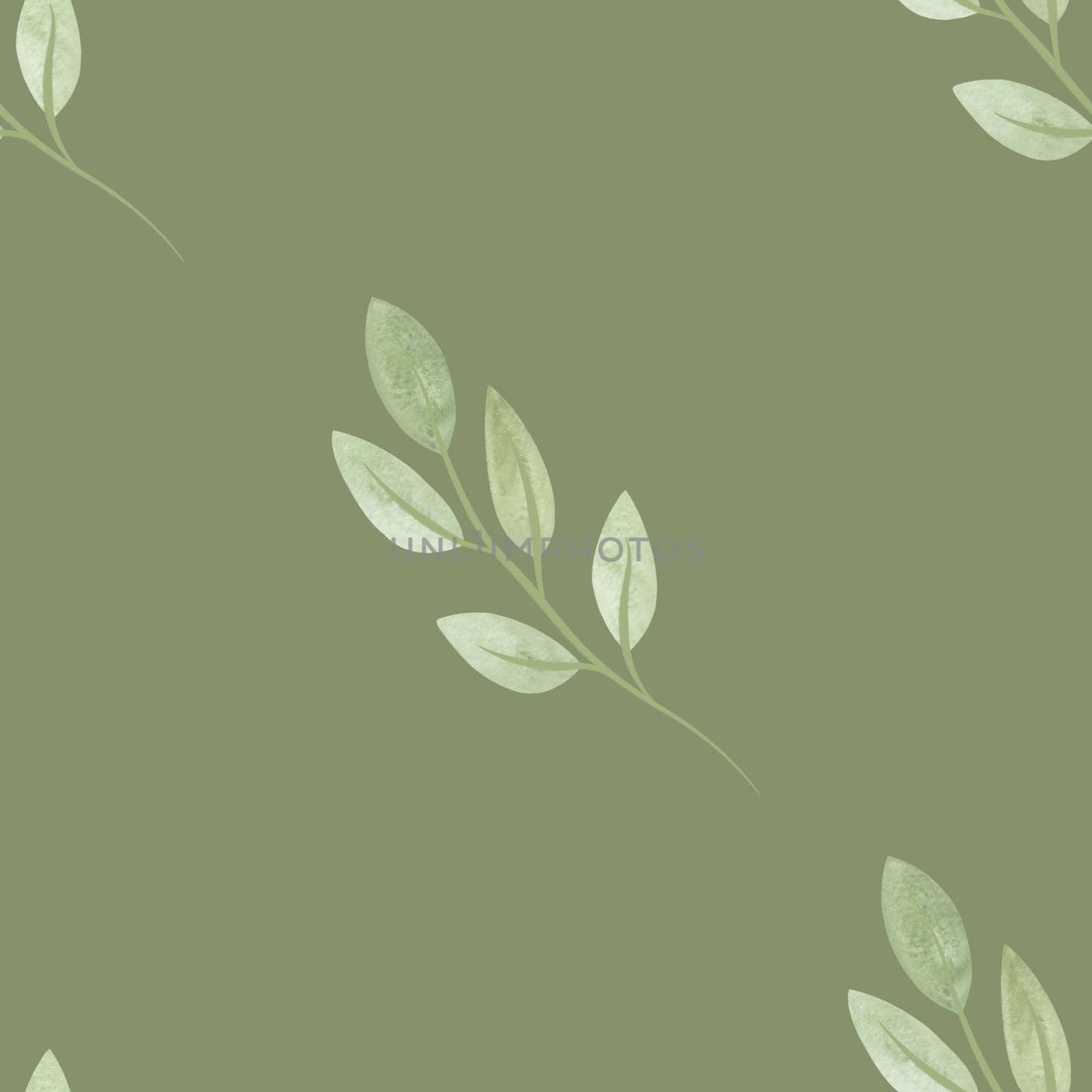 Cute spring soft green twigs with leaves in sketch style. Seamless watercolor pattern for fabric, wallpaper, wrapping paper, packaging cosmetics, tablecloths, curtains and home textiles
