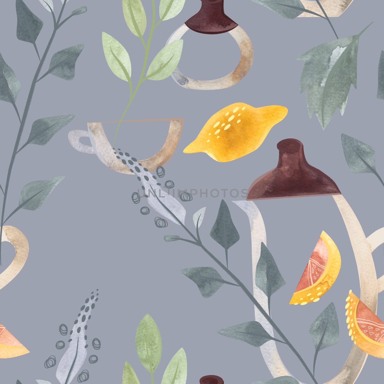Herb tea. Melissa, mint, glassware, leaves and lemon slices. Seamless watercolor pattern for fabric, wallpaper, wrapping paper, packaging cosmetics, tablecloths, curtains and home textiles