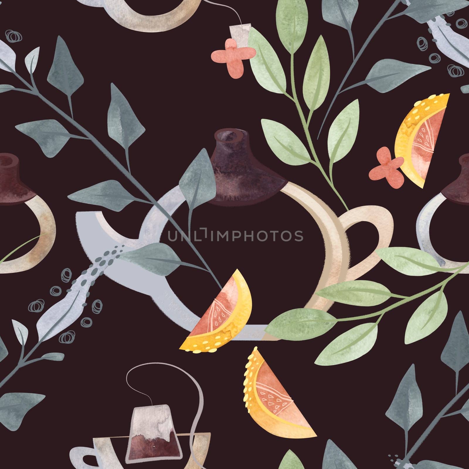 Herb tea. Melissa, mint, glassware, leaves and lemon slices. Seamless watercolor pattern for fabric, wallpaper, wrapping paper, packaging cosmetics, tablecloths, curtains and home textiles