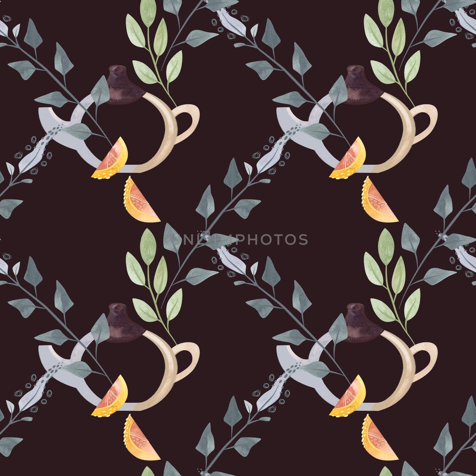 Herb tea. Melissa, mint, glassware, leaves and lemon slices. Seamless watercolor pattern for fabric, wallpaper, wrapping paper, packaging cosmetics, tablecloths, curtains and home textiles