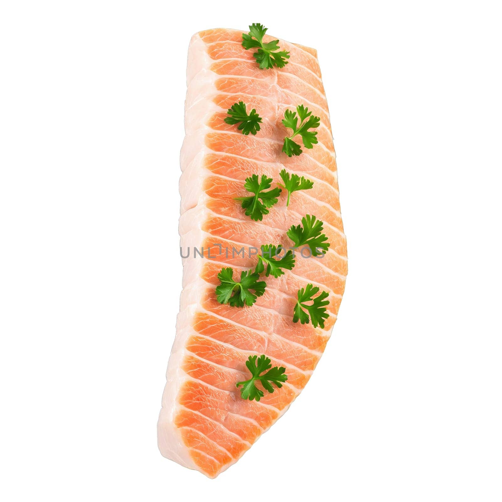 Grouper fillet thick white meat parsley flakes drifting down Food and Culinary concept. Food isolated on transparent background.