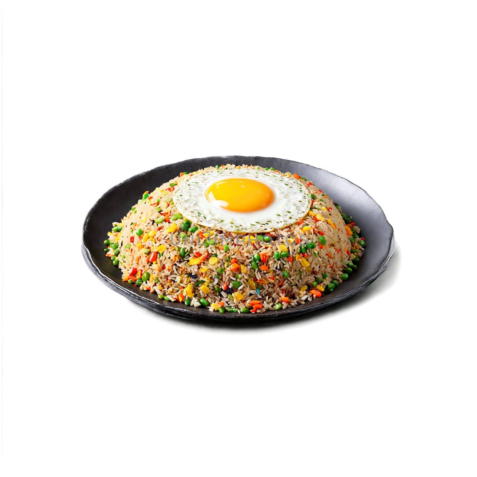 Breakfast fried rice mandala an arrangement of savory breakfast fried rice with eggs and vegetables. Food isolated on transparent background.