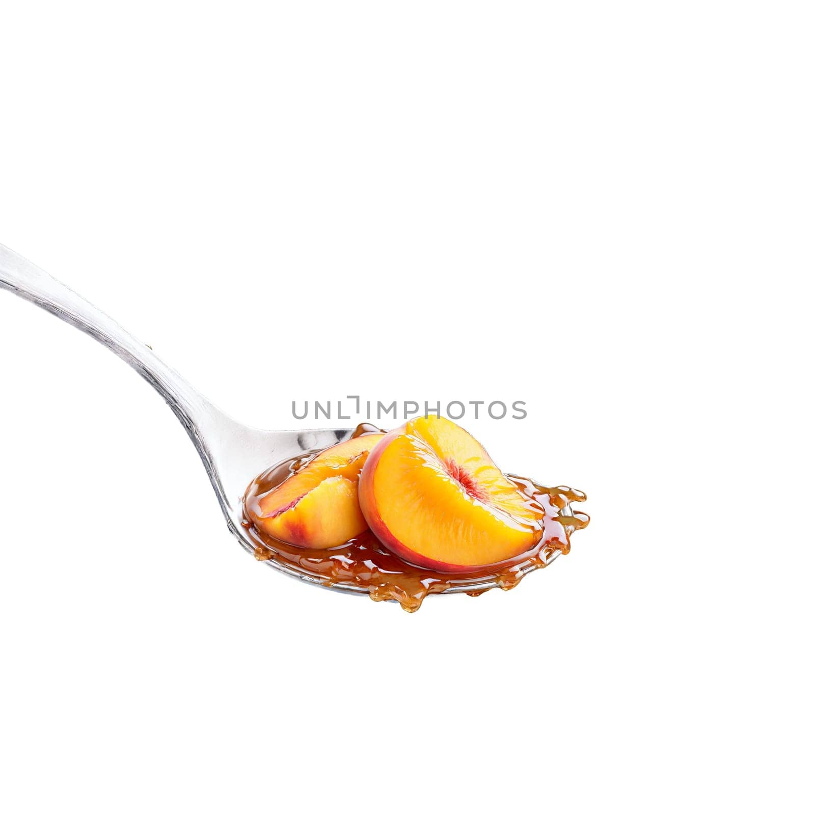 Peach preserves spread chunky and glistening cascading off a spoon with peach slices and syrup. Food isolated on transparent background.