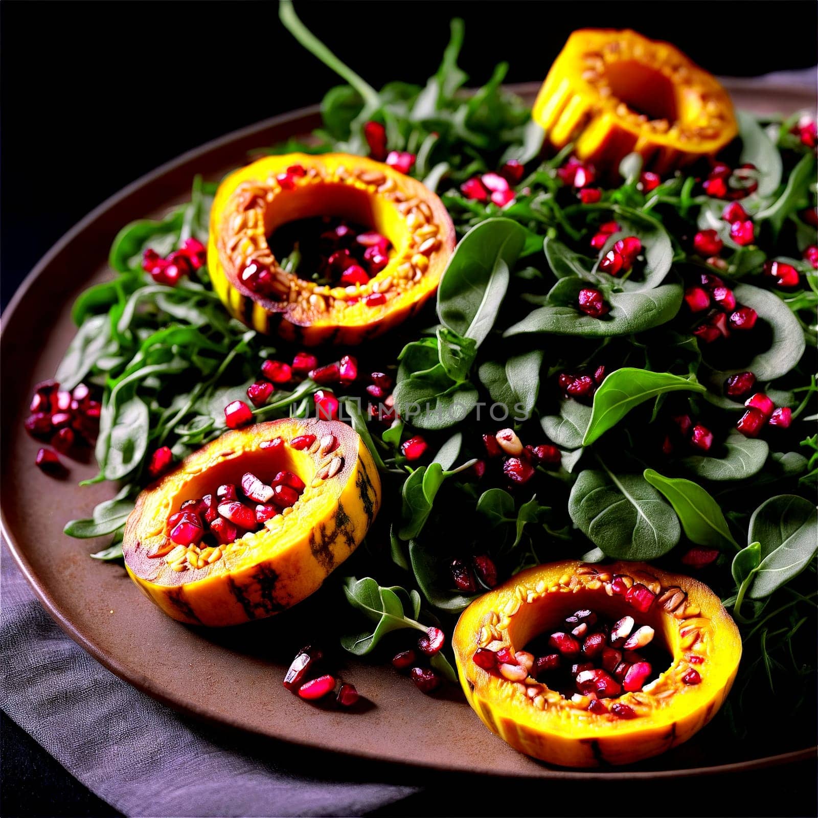 Roasted delicata squash salad ingredients above arranged plate roasted delicata squash rings baby arugula. Food isolated on transparent background.
