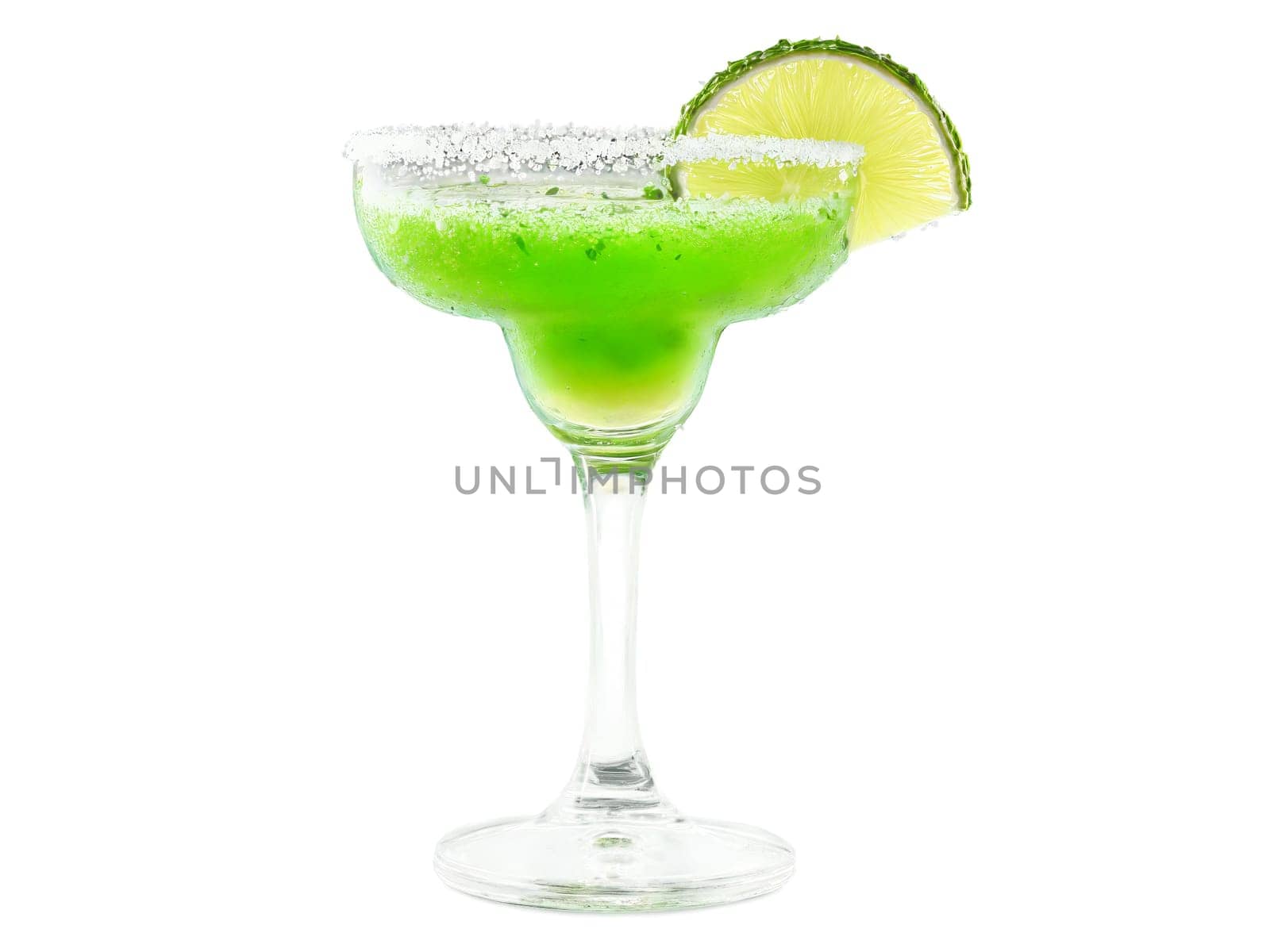 Margarita Fiesta a colorful margarita glass filled with a tangy green liquid garnished. Drink isolated on transparent background.