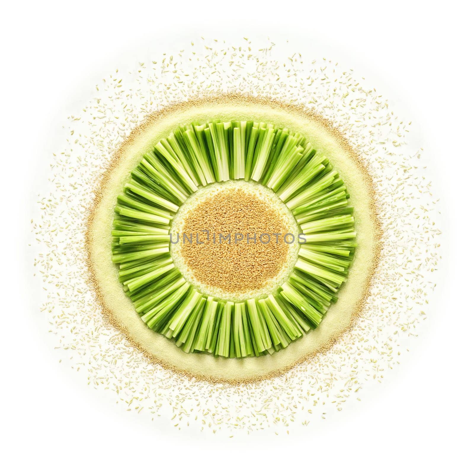 Celery seed mandala a savory mandala of celery seeds with powder scattering and leaves twirling. Food isolated on transparent background.