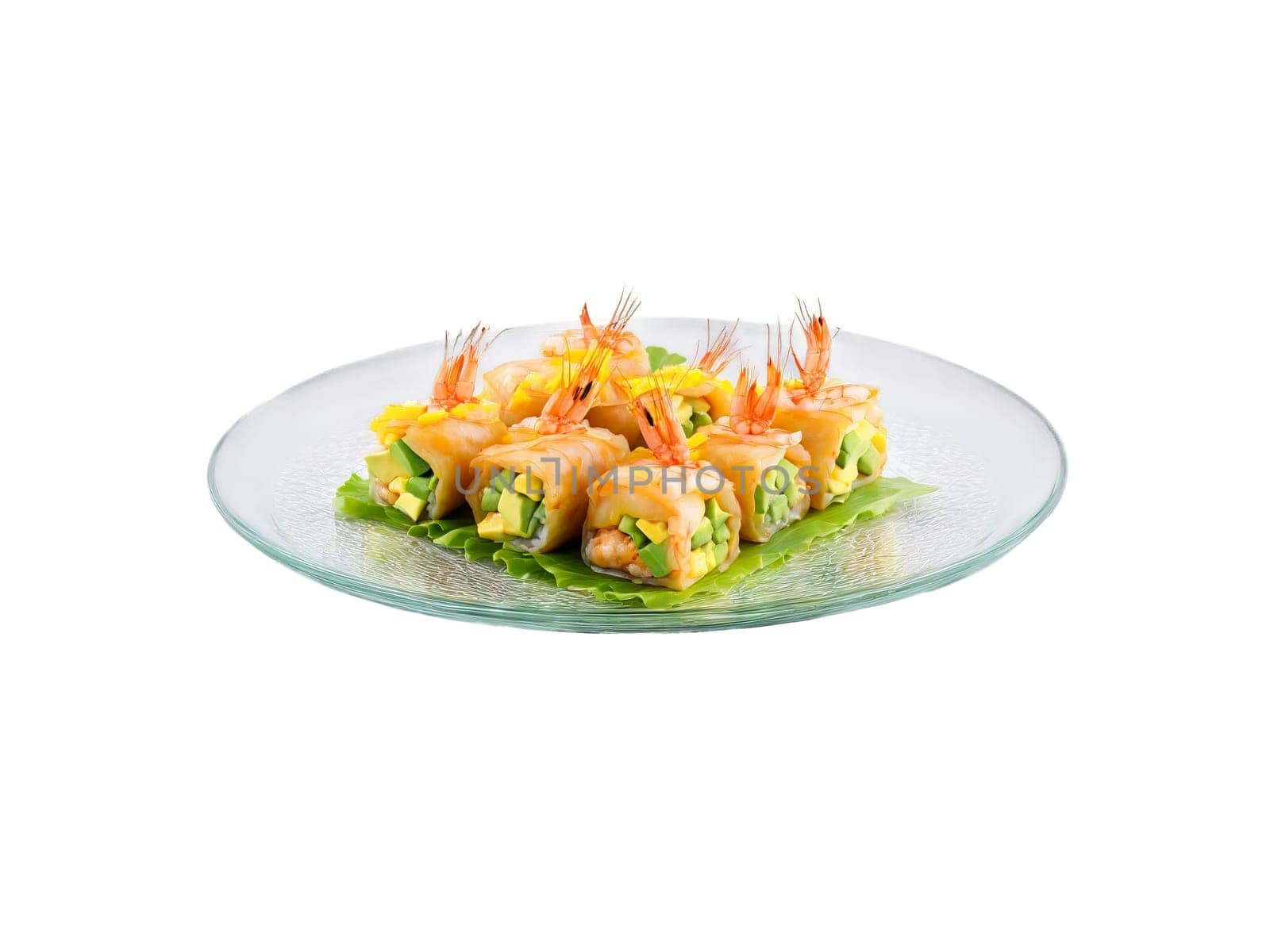 Spring roll shrimp with avocado and mango served on a transparent glass plate sweet. Food isolated on transparent background.