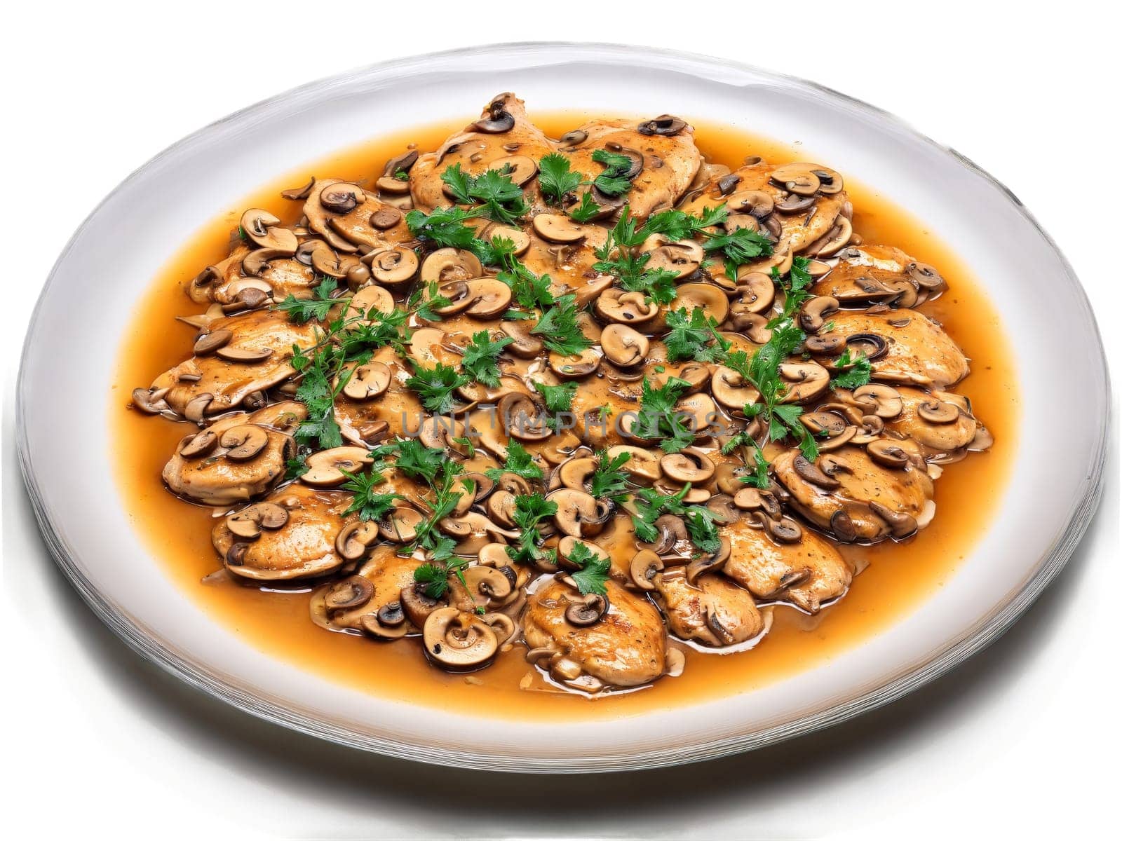 Chicken Marsala with mushrooms and a Marsala wine sauce served on a transparent glass plate. Food isolated on transparent background.