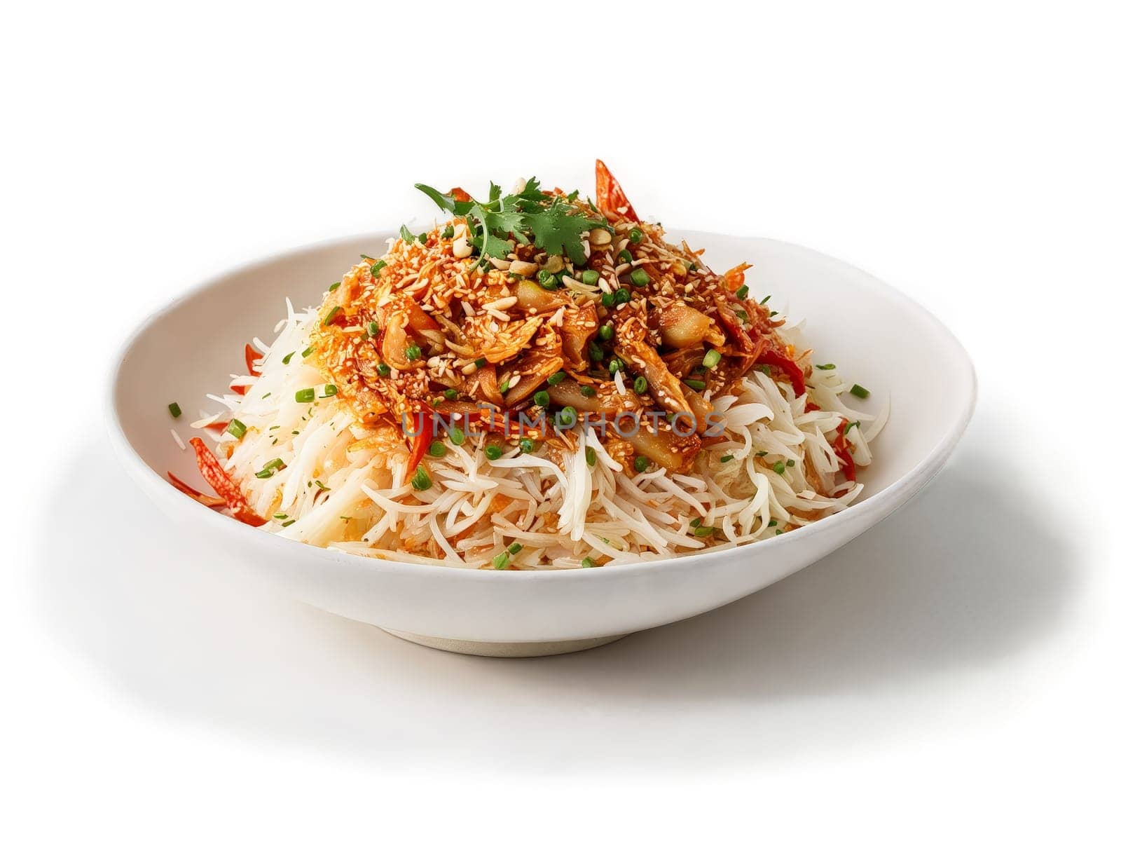 Kimchi with fermented vegetables chili flakes and garlic on clean white surface. Food isolated on transparent background.