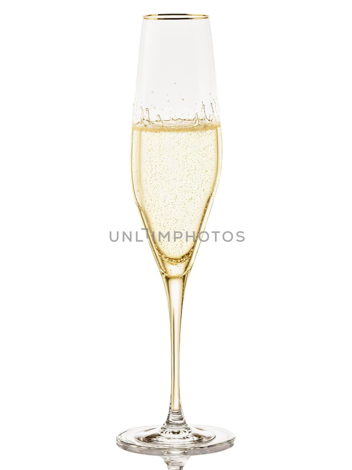 Spiegelau Style Sparkling Wine glass, tall angular crystal bowl, long stem, effervescent pale gold liquid, splashing motion, bright rim lighting, celebratory mood, pure white background.
