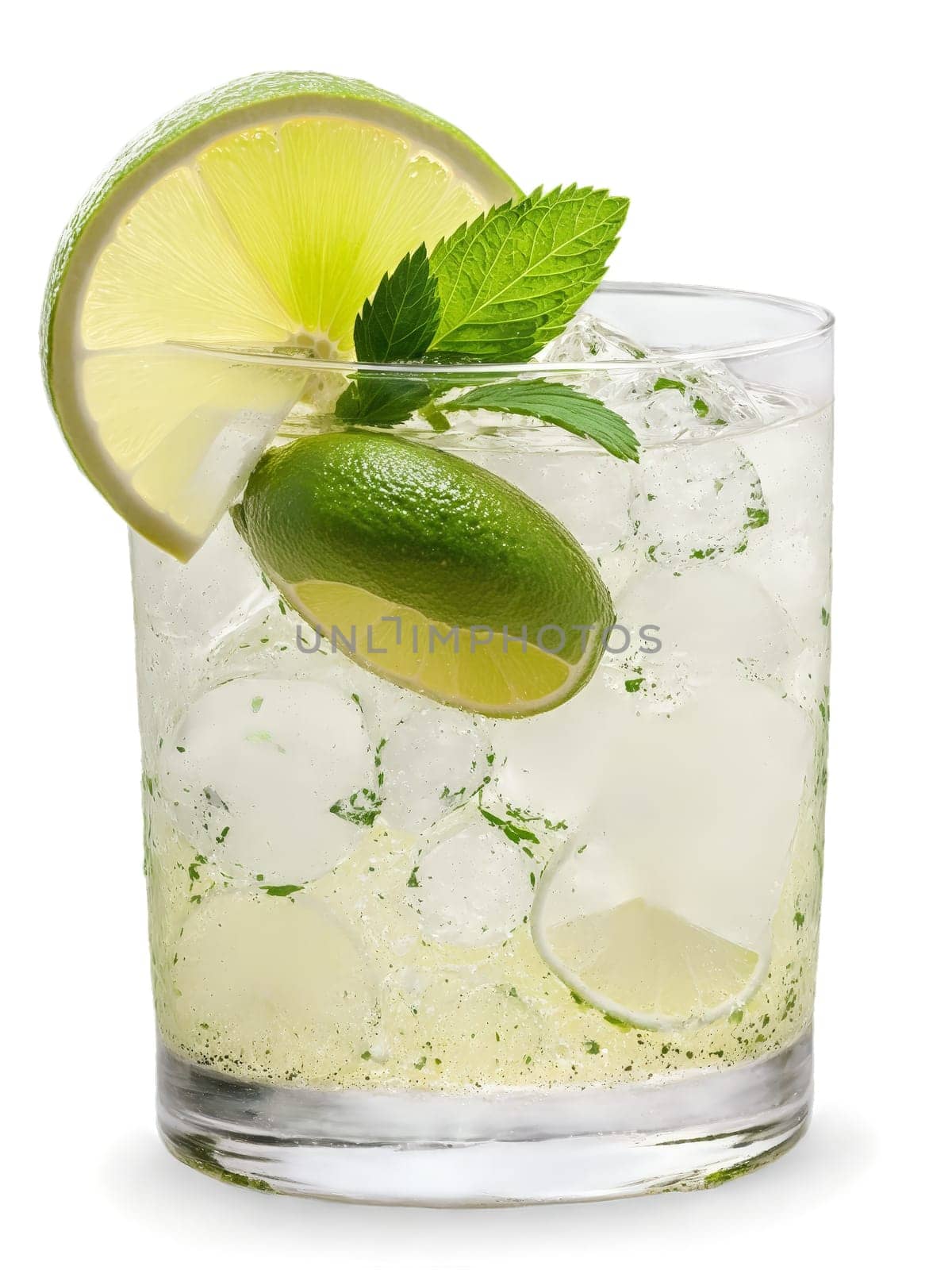 Caipirinha with slice of lime and sprig of mint in rocks glass. Drink isolated on transparent background.